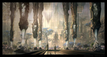 2others commentary crystal english_commentary fantasy flower glass indoors multiple_others original painterly pillar plant raphael-lacoste scenery stairs sun window