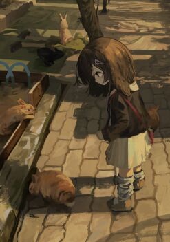 1girl absurdres bag black_rabbit_(animal) black_sweater brown_hair brown_shoes commentary_request day eliot_(eokaitekaite969) from_side hair_ornament hairclip highres kneehighs long_sleeves loose_socks original outdoors parted_lips path profile rabbit red_eyes road shoes short_hair skirt socks solo standing sweater tree white_skirt white_socks