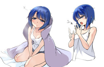 1girl alternate_costume bare_legs between_legs blanket blue_eyes blue_hair breasts catria_(fire_emblem) cleavage drowsy fire_emblem fire_emblem:_mystery_of_the_emblem fire_emblem:_shadow_dragon fire_emblem_echoes:_shadows_of_valentia hand_between_legs looking_at_viewer medium_breasts messy_hair multiple_views nintendo one_eye_closed open_mouth parted_lips shimotsuki_iko short_hair short_shorts shorts simple_background sitting sleepy sleeveless tank_top wariza white_background yawning