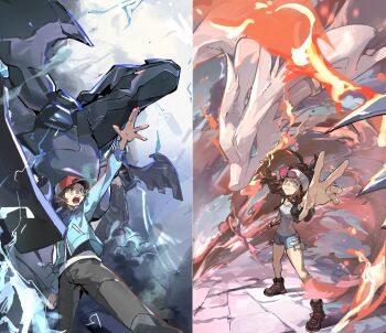 1boy 1girl absurdres backwards_hat baseball_cap black_vest blue_jacket blue_sclera claws colored_sclera cutoffs denim denim_shorts dragon electricity exposed_pocket gen_5_pokemon hat high_ponytail highres hilbert_(pokemon) hilda_(pokemon) jacket lay92378283 legendary_pokemon nintendo open_clothes open_vest poke_ball_print pokemon pokemon_(creature) pokemon_bw ponytail red_sclera reshiram shorts vest white_fur wristband zekrom zipper_pull_tab
