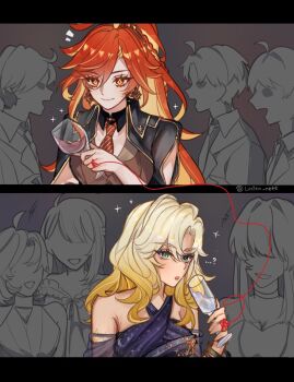 3boys 5girls ahoge alcohol black_dress blazer blonde_hair bracelet champagne closed_mouth commentary cup detached_collar detached_sleeves dress drinking_glass ear_piercing earrings english_commentary eyebrows_hidden_by_hair eyes_visible_through_hair formal_clothes genshin_impact green_eyes high_ponytail highres jacket jewelry long_hair looking_at_viewer luluce mavuika_(genshin_impact) multicolored_necktie multiple_boys multiple_girls necktie no_animal_ears open_mouth orange_eyes orange_hair piercing ponytail red_necktie shirt sleeveless sleeveless_shirt smile string suit very_long_hair white_background wine wine_glass xilonen_(genshin_impact) yellow_necktie