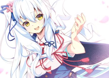 Rule 34 | 1girl, :d, blue ribbon, blue skirt, blush, commentary request, dutch angle, falling petals, fingernails, flower, hair flower, hair ornament, hair ribbon, hand up, happy, high-waist skirt, highres, kizuna kirameku koi iroha, long hair, looking at viewer, open mouth, petals, pink flower, ribbon, shirt, short sleeves, side ponytail, sidelocks, simple background, skirt, smile, solo, sukonbu385, suzakuin tsubaki, teeth, upper body, upper teeth only, very long hair, watermark, white background, white hair, white shirt, yellow eyes