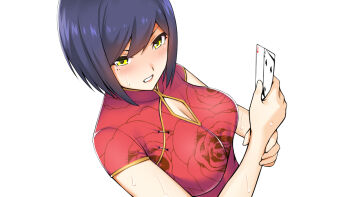 1girl alternate_costume bare_arms blush breasts card china_dress chinese_clothes cleavage cleavage_cutout clenched_teeth clothing_cutout commentary_request dress floral_print floral_print_dress from_above hands_up holding holding_card holding_own_wrist lipstick looking_to_the_side makeup mandarin_collar medium_breasts mole mole_under_eye multiple_moles nijisanji noragami_sota playing_card print_dress purple_hair red_dress shanghai_neckline shizuka_rin short_hair short_sleeves simple_background solo sweat teeth upper_body variant_set virtual_youtuber white_background yellow_eyes