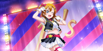 1girl ;d anime_coloring armpits arms_up belt black_skirt blue_eyes blush bow breasts cloud cloudy_sky cowboy_shot cropped_jacket dutch_angle earrings fence finger_frame flag frilled_gloves frilled_skirt frilled_sleeves frills gloves hair_bow hair_ornament hairclip heart heart_earrings highres idol_clothes jewelry kosaka_honoka layered_skirt looking_at_viewer love_live! love_live!_school_idol_festival_all_stars love_live!_school_idol_project medium_breasts medium_hair midriff navel neck_ribbon night night_sky no_brand_girls official_art one_eye_closed one_side_up open_mouth orange_hair outdoors rain red_belt red_bow ribbon ribbon-trimmed_thighhighs ribbon_trim skirt sky smile solo stage stage_lights star_(sky) teeth thighhighs upper_teeth_only water_drop white_gloves white_skirt white_thighhighs