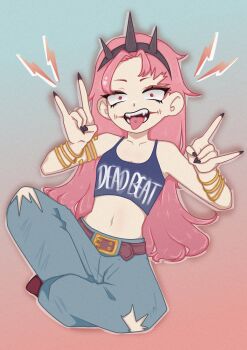 \n/ absurdres armlet belt commentary crazy crazy_smile crossed_legs denim english_commentary highres hololive hololive_english jeans jewelry let&#039;s_just_crash_(gachiakuta) lightning_bolt_symbol long_hair midriff mori_calliope nail_polish nano_(fushide) navel pants piercing pink_hair red_eyes simple_background sitting smile spikes stitched_face stitches tank_top tiara tongue tongue_out tongue_piercing torn_clothes torn_jeans torn_pants very_long_hair virtual_youtuber