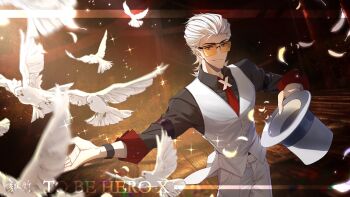 1boy absurdres bird black_shirt chinese_commentary collared_shirt commentary_request copyright_name cowboy_shot dove feathers grin hair_slicked_back hat highres holding holding_unworn_clothes holding_unworn_hat long_sleeves looking_at_viewer male_focus mullet orange-tinted_eyewear outstretched_arms pants rectangular_eyewear shirt short_hair smile solo sparkle sunglasses tinted_eyewear to_be_hero to_be_hero_x top_hat unworn_hat unworn_headwear vest white_hair white_hat white_pants white_vest wing_collar x_(to_be_hero_x) x_ornament zhuzi70431