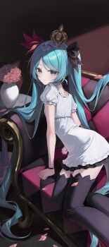 1girl absurdly_long_hair aco_(aco_7313) aqua_eyes aqua_hair arm_support black_ribbon black_thighhighs blush breasts closed_mouth couch dress hair_ribbon hashtag-only_commentary hatsune_miku hatsune_miku_(supreme) highres light_smile long_hair looking_at_viewer official_alternate_costume on_couch puffy_short_sleeves puffy_sleeves ribbon short_dress short_sleeves small_breasts solo thighhighs twintails very_long_hair vocaloid white_dress world_is_mine_(vocaloid) zettai_ryouiki