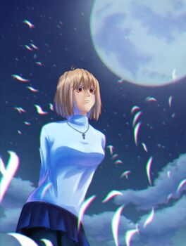 Rule 34 | 1girl, absurdres, antenna hair, arcueid brunestud, black pantyhose, blonde hair, breasts, cloud, commentary, full moon, highres, jewelry, large breasts, looking at viewer, loveedgylords, moon, night, pantyhose, red eyes, short hair, skirt, sky, smile, solo, sweater, tsukihime, tsukihime (remake), turtleneck, turtleneck sweater, white sweater