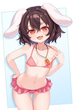 1girl alternate_costume animal_ears bikini breasts brown_hair carrot_necklace chunjiu collarbone commentary_request fang floppy_ears frilled_bikini frills hair_between_eyes hand_on_own_hip highres inaba_tewi jewelry leaning_forward looking_at_viewer medium_hair navel necklace open_mouth pendant pink_bikini rabbit_ears rabbit_girl red_eyes skin_fang small_breasts smile solo stomach swimsuit touhou