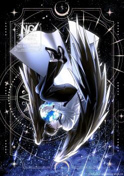 Rule 34 | 1boy, absurdres, black shirt, black wings, border, circle, coat, collared shirt, earth (planet), feathered wings, highres, holding, kim dokja, knees up, legs together, male focus, meteor shower, omniscient reader's viewpoint, open clothes, open coat, ornate border, planet, shirt, sion 428, sky, solo, star (sky), starry sky, undersized object, upside-down, white coat, wings