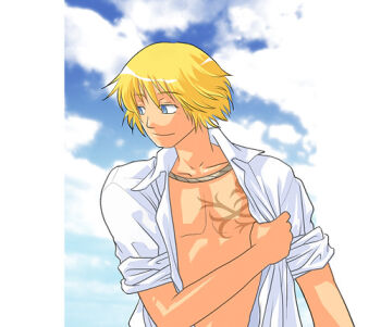 1boy blacksmith_(ragnarok_online) blonde_hair blue_eyes blue_sky closed_mouth cloud commentary_request dated_commentary day looking_afar lowres male_focus oomojiya open_clothes open_shirt outdoors pillarboxed ragnarok_online shirt short_hair short_sleeves sky smile solo upper_body white_shirt