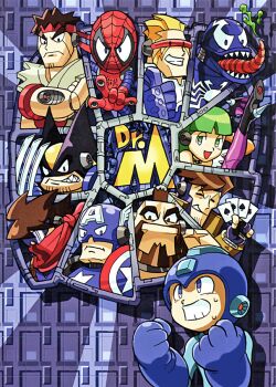 1girl 6+boys angry beard brown_hair capcom captain_america captain_commando captain_commando_(character) claws dtri facial_hair frown gambit gloves green_hair grin headband high_heels long_hair looking_at_viewer marvel marvel_vs._capcom mask mechanical_arms mega_man_(character) mega_man_(series) morrigan_aensland multiple_boys red_hair robot robot_ears ryu_(street_fighter) scarf shield single_mechanical_arm smile spider-man_(series) street_fighter strider strider_hiryuu sunglasses sweat tongue tongue_out darkstalkers venom_(marvel) wolverine_(x-men) x-men zangief