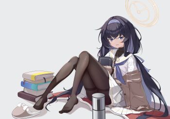 1girl absurdres arm_at_side black_hair black_pantyhose blue_archive blue_eyes blue_hairband blue_neckerchief blue_ribbon blush book book_stack chinese_commentary commentary_request convenient_censoring crossed_bangs feet frown full_body grey_background hair_between_eyes hair_over_shoulder hair_ribbon hairband halo hand_up highres holding holding_book jewelry knees_together_feet_apart knees_up legs long_hair looking_at_viewer low_twintails miniskirt nammmmer neckerchief no_shoes open_mouth pantyhose partial_commentary pendant pleated_skirt ribbon sailor_collar school_uniform serafuku shirt sidelocks simple_background sitting skirt sleeves_past_wrists slippers solo sweatdrop thighband_pantyhose thighs toes turtleneck turtleneck_shirt twintails ui_(blue_archive) very_long_hair wavy_mouth white_sailor_collar white_serafuku white_shirt white_skirt yellow_halo
