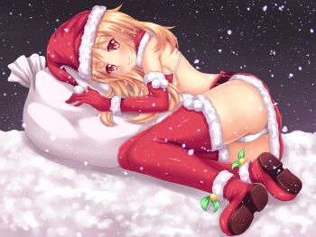1girl artist_self-insert ass bag belt bikini bikini_top_only blonde_hair blush boots breasts christmas closed_mouth female_focus fictional_persona full_body hat highres long_hair looking_at_viewer lying medium_breasts midriff miniskirt nottytiffy on_side original outdoors panties pantyshot pencil_skirt pom_pom_(clothes) red_boots red_eyes red_hat red_shorts red_skirt red_thighhighs santa_bikini santa_costume shorts sideboob skirt smile snow snowing solo swimsuit thighhighs tiffy_(nottytiffy) underwear white_panties