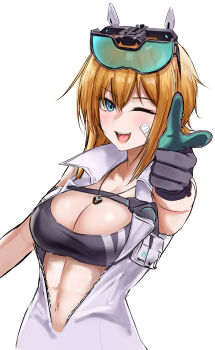 Rule 34 | 1girl, ;d, abs, absurdres, arm up, bandaid, bandaid on cheek, bandaid on face, bare shoulders, black gloves, black sports bra, blonde hair, blue eyes, breasts, chest harness, cleavage, collarbone, commentary request, cutoli ukuwa, dress, eyewear on head, finger gun, gloves, goddess of victory: nikke, green gloves, hair between eyes, harness, highres, jewelry, large breasts, light blush, looking at viewer, maxwell (nikke), multicolored gloves, navel, necklace, official alternate costume, one eye closed, open mouth, partially unzipped, short hair, short hair with long locks, sidelocks, simple background, sleeveless, sleeveless dress, smile, solo, sports bra, standing, stomach, teeth, two-tone gloves, upper body, upper teeth only, white background, white dress