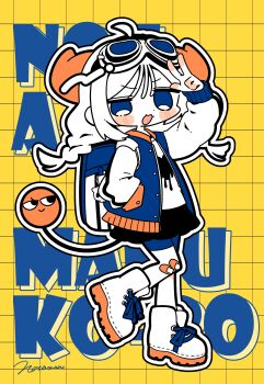 1girl :3 :d absurdres ako-chan_(notamaru_2) arm_up backpack bag bandaid bandaid_on_knee bandaid_on_leg bike_shorts bike_shorts_under_skirt black_skirt blue_bag blue_eyes blue_vest blush_stickers boots braid colored_shoe_soles commentary_request dot_nose full_body grid_background hand_in_pocket highres horns lace-up_boots limited_palette long_hair long_sleeves looking_at_viewer notamaru_2 open_clothes open_mouth open_vest orange_horns original outline pleated_skirt shirt sidelocks signature skirt smile solo standing standing_on_one_leg tail twin_braids v vest white_outline white_shirt wispy_bangs yellow_background