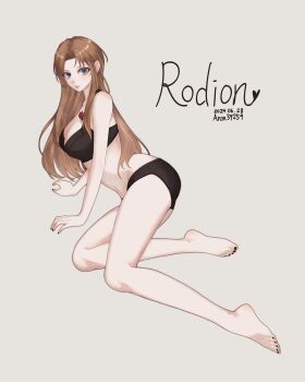 1girl absurdres alternate_costume anm39259 armpit_crease artist_name bare_arms bare_back bare_hips bare_legs bare_shoulders barefoot blue_eyes breasts brown_hair character_name feet highres large_breasts limbus_company long_hair looking_at_viewer lying mole mole_under_eye nail_polish navel open_mouth project_moon rodion_(project_moon) solo tattoo teeth thighs underwear