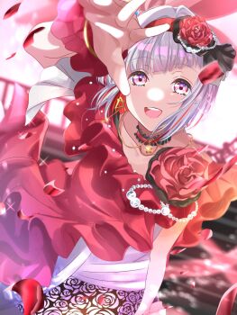 1girl arm_up colored_inner_hair commentary_request diagonal_bangs dutch_angle floral_print floral_print_skirt grey_hair hairband highres link!_like!_love_live! looking_at_viewer love_live! multicolored_hair official_alternate_costume pink_eyes print_skirt red_hair red_hairband red_shirt red_streaks rose_print sakari_(pear_8_ll) shiawase_no_ribbon shirt single_bare_shoulder single_off_shoulder skirt solo virtual_youtuber yugiri_tsuzuri