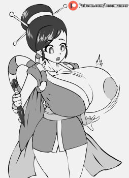 1girl absurdres aged_up alternate_breast_size_(larger) ayame_(power_stone) bosomancer bouncing_breasts bracer breasts curvy highres japanese_clothes kimono kunai ninja nipples power_stone surprised tomboy weapon