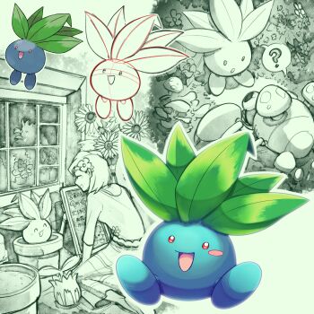 Rule 34 | 1girl, ?, aroma lady (pokemon), blue skin, colored skin, commentary request, flower, gen 1 pokemon, gen 2 pokemon, grass, hair flower, hair ornament, highres, leaf, mushroom, nintendo, oddish, open mouth, paras, plant, pokemon, pokemon (creature), pokemon frlg, pokemon oras, pokemon rgby, red eyes, short hair, shoupitsuki, sitting, sketch, smile, sunflower, sunkern, window