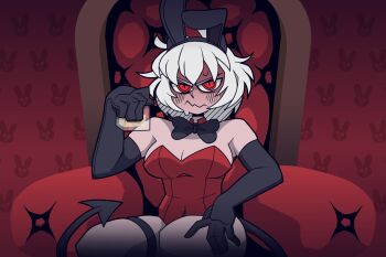 1girl breasts cleavage commentary cup demon_girl demon_tail elbow_gloves enchantedhallow english_commentary gloves helltaker holding holding_cup looking_at_viewer malina_(helltaker) playboy_bunny red_eyes short_hair sitting tail wavy_mouth white_hair