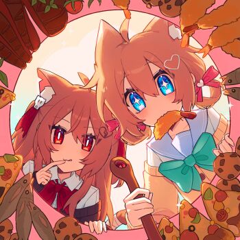 +_+ 2girls :3 :p ahoge animal_ear_fluff animal_ears aqua_bow aqua_bowtie backlighting black_cardigan blue_eyes blue_sailor_collar bow bowtie broken_heart broken_heart_hair_ornament brown_hair cardigan cat_ears cat_girl cat_tail cherry_tomato chocolate_chip_cookie collared_shirt commentary cookie evil_neuro-sama finger_to_mouth food food_in_mouth food_request from_below hair_between_eyes hair_ornament hair_ribbon hair_rings heart heart_hair_ornament highres holding holding_spoon lingyou long_hair long_sleeves multiple_girls neuro-sama off-shoulder_cardigan official_alternate_hairstyle pizza pizza_slice red_bow red_bowtie red_eyes red_ribbon ribbon sailor_collar sardine shirt shrimp shrimp_tempura siblings sisters skull_hair_ornament sparkle spoon symbol-only_commentary tail tempura tomato tongue tongue_out torn_hair_ribbon twins two_side_up vedal_ai virtual_youtuber white_shirt wide-eyed yellow_cardigan