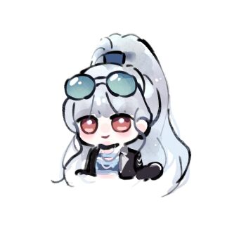 Rule 34 | 1girl, black-framed eyewear, black choker, black jacket, blue-tinted eyewear, blue shirt, brown eyes, chibi, chinese commentary, choker, closed mouth, collared jacket, commentary request, contrast lapels, crop top, cropped torso, dream chaser (infinity nikki), eyewear on head, fengmi youzi hua, hand up, happy, high ponytail, highres, infinity nikki, jacket, jewelry, lapels, light blush, long hair, long sleeves, looking at viewer, necklace, nikki (series), notched lapels, open clothes, open jacket, ponytail, shirt, simple background, sleeves past fingers, sleeves past wrists, smile, solo, sunglasses, tinted eyewear, very long hair, white background, white hair