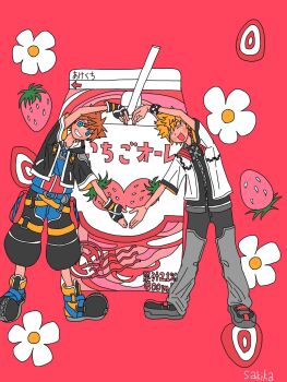 2boys blonde_hair blue_eyes brown_hair closed_eyes daisy_(flower) drink_carton flower food fruit grin happy heart_arms heart_arms_duo highres kingdom_hearts large_shoes male_focus milk_carton multiple_boys roxas shoes smile sora_(kingdom_hearts) spiked_hair strawberry strawberry_milk tsunagaru_heart