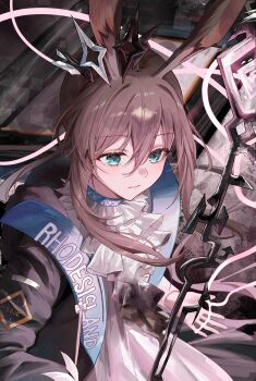 1girl absurdres amiya_(arknights) amiya_(medic)_(arknights) animal_ears arknights black_jacket blue_eyes brown_hair civilight_eterna closed_mouth commentary crown highres jacket kaze_22 korean_commentary long_hair rabbit_ears solo