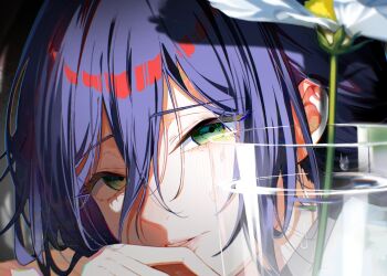 1girl chainsaw_man cup daisy_(flower) drinking_glass flower flower_in_cup green_eyes hair_between_eyes in_container in_cup lips looking_at_viewer multicolored_hair nara_nakiri open_mouth purple_hair red_hair reze_(chainsaw_man) short_hair solo upper_body water white_flower