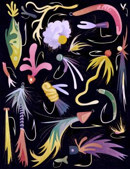 beads black_background bright_pupils close-up commentary english_commentary feathers film_grain fish fish_hook fishing_lure green_eyes green_feathers grey_pupils hatching_(texture) highres hook muted_color no_humans object_focus original purple_eyes purple_feathers quezify simple_background still_life white_pupils yellow_feathers