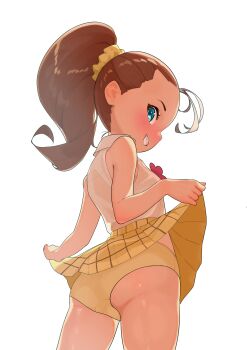 1girl absurdres antenna_hair ass blue_eyes blush braces brown_hair clenched_teeth commentary_request cowboy_shot dekasuji female_focus flower forehead from_behind from_below from_side hair_ornament hair_scrunchie hands_up high_ponytail highres lifting_own_clothes loli long_hair looking_at_viewer looking_back luan_loud panties plaid_clothes plaid_skirt ponytail scrunchie shirt simple_background skirt sleeveless sleeveless_shirt smile solo standing teeth the_loud_house thighs underwear variant_set white_background white_shirt wing_collar yellow_panties yellow_scrunchie yellow_skirt