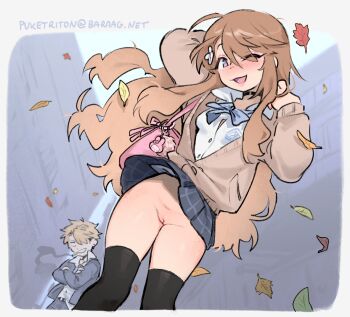 1boy 1girl bag black_thighhighs blush breasts brown_cardigan brown_hair cardigan cigarette city degrees_of_lewdity freckles grin hair_ornament hair_over_one_eye leaf long_hair long_sleeves miniskirt no_panties nose_blush open_cardigan open_clothes outdoors pink_bag player_character_(degrees_of_lewdity) player_character_(female)_(degrees_of_lewdity) purple_eyes pussy school_bag school_uniform shirt skirt small_breasts smile smoking solo_focus thighhighs tnso very_long_hair white_shirt whitney_(degrees_of_lewdity) whitney_(male)_(degrees_of_lewdity) wind wind_lift