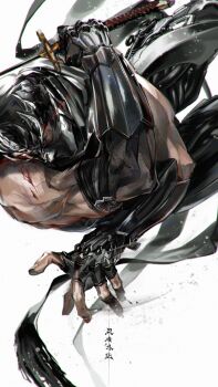 1boy absurdres arm_guards armor bare_shoulders black_gloves black_scarf bleeding blood blood_on_face bloody_tears cuts dragon_sword dynamic_pose fingerless_gloves gloves green_eyes highres holding holding_sword holding_weapon incoming_attack injury jumping katana kunai male_focus mask mouth_mask muscular muscular_male ninja ninja_gaiden ninja_gaiden_4 ninja_mask nishii_tomoko ryu_hayabusa scarf serious solo sword weapon white_background