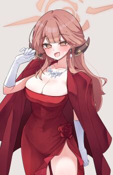 1girl :d @_@ absurdres aru_(blue_archive) aru_(dress)_(blue_archive) blue_archive breasts cleavage coat commentary covered_navel cowboy_shot dress earrings english_commentary evening_gown gloves halo hand_up highres jacket jacket_on_shoulders jewelry large_breasts magui3 necklace official_alternate_costume open_mouth pink_hair pink_halo red_coat red_dress smile solo white_gloves yellow_eyes