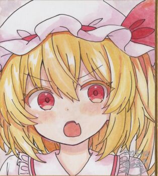 1girl blonde_hair blush collared_shirt commentary_request dated fang flandre_scarlet frilled_shirt_collar frills hat hat_ribbon highres hoshi_tea_party long_hair looking_at_viewer mob_cap one_side_up open_mouth red_eyes red_ribbon ribbon shikishi shirt signature skin_fang solo touhou traditional_media white_hat white_shirt