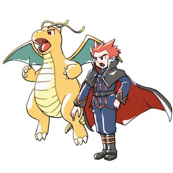Rule 34 | 1boy, belt, black belt, black boots, black cape, blue pants, blue shirt, boots, cape, commentary request, dragon, dragon wings, dragonite, full body, gen 1 pokemon, lance (pokemon), long sleeves, lower teeth only, male focus, nintendo, nostrils, open mouth, pants, pants tucked in, pokemon, pokemon heartgold and soulsilver, red eyes, red hair, shirt, short hair, simple background, spiked hair, standing, teeth, thanks 0u0, white background, wings