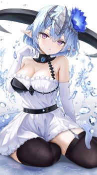 1girl absurdres armor asakura_(asa_t77) bare_shoulders black_thighhighs blue_flower breastplate breasts cleavage collarbone dragon_girl dragon_horns dragon_tail dress elbow_gloves filene_(shadowverse) flower garter_straps gloves hair_between_eyes hair_flower hair_ornament headpiece highres horns ice light_blush medium_breasts parted_lips purple_eyes shadowverse sitting solo strapless strapless_dress tail thighhighs water white_background white_gloves yokozuwari