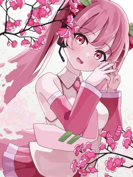 1girl absurdres bare_shoulders blush breasts cherry_blossoms cherry_hair_ornament collared_shirt commentary_request flower food-themed_hair_ornament hair_between_eyes hair_ornament hatsune_miku headphones headset highres long_hair looking_at_viewer medium_breasts necktie open_mouth pink_eyes pink_flower pink_hair pink_necktie pink_skirt sakura_miku shirt skirt sleeveless sleeveless_shirt smile solo twintails upper_body very_long_hair vocaloid white_trim wide_sleeves zukimikan