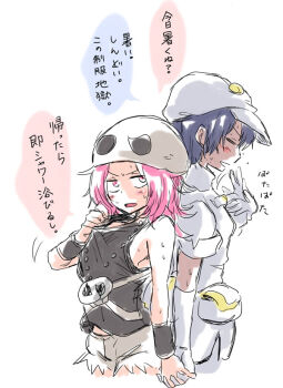 2girls aether_foundation aether_foundation_employee aether_foundation_employee_(female) black_hair blush dark-skinned_female dark_skin flipped_hair gloves hat holding_hands hot multiple_girls newsboy_cap nintendo pantyhose pink_eyes pink_hair pokemon pokemon_sm short_hair short_sleeves skull-shaped_hat skull_hat standing sweat tank_top team_skull team_skull_grunt team_skull_grunt_(female) translated unya white_gloves white_hat wristband yuri