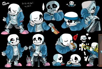 Rule 34 | 2boys, black background, black sclera, black shorts, blue jacket, colored sclera, grin, highres, holding, holding instrument, holding trombone, hood, hoodie, hot dog, instrument, jacket, male focus, multiple boys, multiple views, one eye closed, papyrus (undertale), sans (undertale), shorts, skeleton, smile, tama (tamafuku08), teeth, telescope, trombone, undertale, utdr (toby fox), white eyes