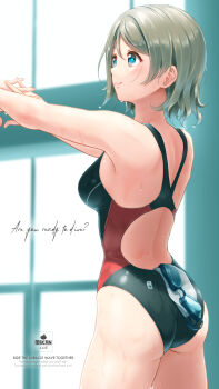 1girl absurdres arena_(company) ass back back_cutout black_one-piece_swimsuit blue_eyes breasts clothing_cutout commentary_request competition_swimsuit cowboy_shot dripping english_text engrish_text from_behind goggles grey_hair hair_strand hands_up highres indoors interlocked_fingers looking_away love_live! love_live!_sunshine!! medium_breasts multicolored_swimsuit object_in_clothes object_in_swimsuit one-piece_swimsuit outstretched_arms own_hands_together parted_bangs ranguage short_hair shoulder_blades smile solo standing stretching swim_cap swimsuit toine unworn_goggles unworn_swim_cap watanabe_you wet wet_hair