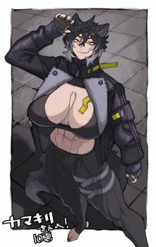 10den 1girl abs animal_ears arm_up barefoot black_hair black_nails black_pants breasts cameltoe cleavage commentary drin fingerless_gloves fingernails gloves grey_hair highres huge_breasts long_fingernails long_sleeves long_toenails looking_at_viewer midriff multicolored_hair muscular muscular_female nail_polish navel open_mouth original pants sharp_teeth slit_pupils solo tail teeth toenails yellow_eyes