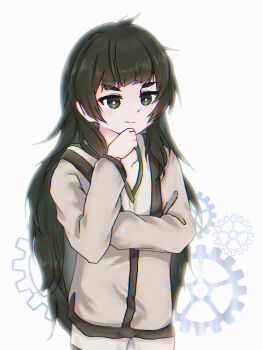 1girl absurdres blunt_bangs collar commentary_request green_collar green_eyes green_hair highres hiyajou_maho jacket_over_dress kanzaki_nyo long_hair looking_at_viewer messy_hair science_adventure smile solo steins;gate steins;gate_0 thinking very_long_hair