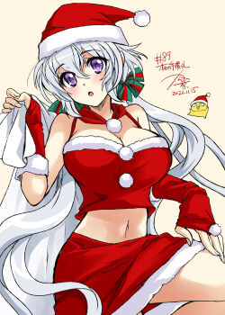 1girl 2022 artist_self-insert bag blush breasts christmas cleavage dated hat highres holding holding_bag kanna_(plum) large_breasts long_hair looking_at_viewer low_twintails numbered open_mouth painttool_sai_(medium) purple_eyes santa_costume santa_hat senki_zesshou_symphogear signature simple_background solo twintails white_hair yukine_chris
