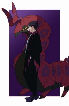 Rule 34 | 1boy, absurdres, antenna hair, black coat, black pants, black shoes, black socks, coat, collared shirt, commentary request, corbeau (pokemon), dress shoes, from side, full body, gen 5 pokemon, glasses, hand in pocket, highres, lapels, long sleeves, male focus, necktie, nintendo, pants, pokemon, pokemon (creature), pokemon legends: z-a, purple hair, purple shirt, round eyewear, samio (themioooooo), scolipede, shirt, shoes, short hair, socks, standing, tassel, two-sided coat, two-sided fabric, white necktie, wing collar, yellow eyes