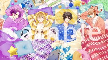 4boys akaiko_(seraph_dazzlegarden) animal_ear_hairband animal_ears animal_hat animal_hood animal_print arm_behind_head arms_behind_head ball black-framed_eyewear black_hair blonde_hair blue_eyes blue_pajamas blue_shirt book cardigan cassette_tape cat_ears cat_hat cd_case colored_inner_hair copyright_notice cowlick crossed_arms curtained_hair dog_hood dog_print donut-shaped_pillow fake_animal_ears floral_print from_above fura_kanato glasses grin hair_between_eyes hair_intakes hairband hat headphones hood hood_up hooded_jacket hugging_object inaotteko_ze jacket kiironoko_(fura_kanato) lineup long_sleeves looking_at_viewer lying magazine_(object) male_focus multicolored_hair multiple_boys nightcap nijisanji official_art on_back on_bed on_side one_eye_closed open_clothes open_jacket orange_cardigan orange_hair orange_hat pajamas photo_(object) pillow pillow_hug pink_hair polaroid_camera polka_dot polka_dot_pajamas polka_dot_shirt print_shirt purple_eyes purple_hair purple_pajamas purple_shirt red_eyes red_hair sample_watermark seraph_dazzlegarden shikinagi_akira shirt short_hair sleep_mask sleepover sleeve_cuffs smile star_(symbol) star_balloon star_print streaked_hair striped_clothes striped_jacket stuffed_animal stuffed_shark stuffed_toy turtleneck turtleneck_shirt two-tone_shirt under_covers upper_body virtual_youtuber voltaction watarai_hibari watermark white_shirt wing_collar yellow_eyes yellow_jacket yellow_pajamas