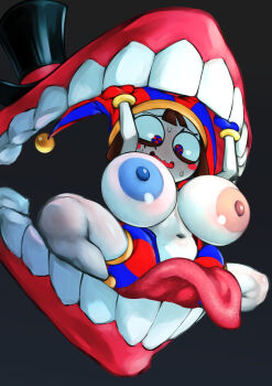 1boy 1girl absurdres alternate_breast_size arm_support asymmetrical_gloves blue_eyes blue_gloves blue_hat blue_nipples blush_stickers breasts brown_hair caine_(the_amazing_digital_circus) colored_nipples contrapposto cowboy_shot gloves hat hat_bell highres jester jester_cap kyuugata large_breasts medium_hair mismatched_gloves monster_boy multicolored_eyes multicolored_hat nervous_smile nipples open_clothes pomni_(the_amazing_digital_circus) pun red_eyes red_gloves red_hat red_nipples restrained short_sleeves smile squatting striped_clothes striped_headwear sweat the_amazing_digital_circus thigh_gap tongue tongue_out two-tone_eyes vertical-striped_bodysuit vertical-striped_clothes vertical-striped_headwear vore wavy_mouth