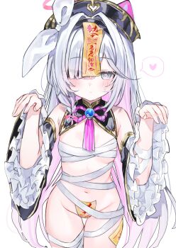 ... 1girl absurdres alternate_costume armpit_crease bandaged_arm bandaged_leg bandages bare_shoulders black_hat black_sleeves blue_archive blush bow braid breasts chinese_clothes closed_mouth clothing_cutout colored_inner_hair covered_groin cowboy_shot detached_sleeves expressionless eyes_visible_through_hair flipped_bangs frilled_sleeves frills ghost_pose grey_eyes groin hair_bow hair_intakes hair_over_one_eye halo hands_up hat heart heart_cutout highres jiangshi_costume long_bangs long_hair looking_at_viewer mandarin_collar multicolored_hair no_panties ofuda ofuda_on_head ofuda_on_leg one_eye_covered pankou pelvic_curtain petite pink_hair pink_halo pink_pupils plana_(blue_archive) qingdai_guanmao revealing_clothes ring_hair_ornament shouu-kun side_braid sideboob simple_background small_breasts solo spoken_heart standing straight-on sweatdrop tassel thighs two-tone_hair very_long_hair white_background white_bow white_hair wide_sleeves