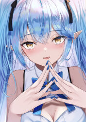 Rule 34 | 1girl, absurdres, bare shoulders, black ribbon, blue bow, blue bowtie, blue hair, blue nails, bow, bowtie, breasts, brooch, cleavage, close-up, collared shirt, crossed bangs, dot nose, hair between eyes, hair ribbon, head tilt, highres, hololive, jewelry, light blush, long hair, looking at viewer, matsumoto yuu, medium breasts, open mouth, pointy ears, ribbon, shirt, sidelocks, sleeveless, sleeveless shirt, star brooch, steepled fingers, tsurime, twintails, upper body, virtual youtuber, wavy mouth, white shirt, yellow eyes, yukihana lamy, yukihana lamy (1st costume)